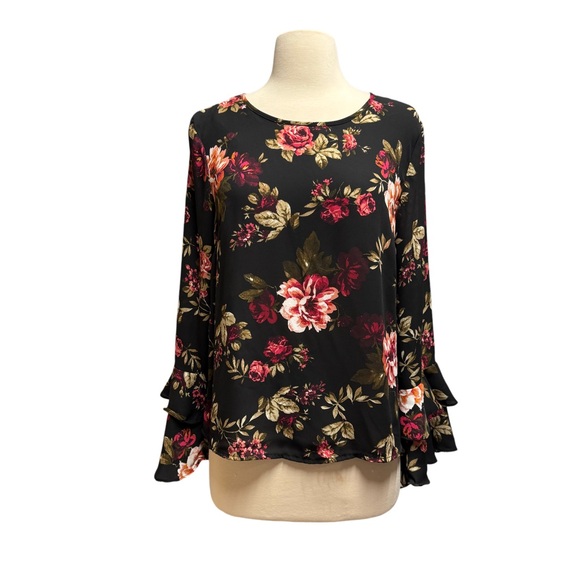 Panhandle Black Bell Ruffle Sleeve Top Roses Med Dark Romance Boho Soft Goth - Picture 1 of 8